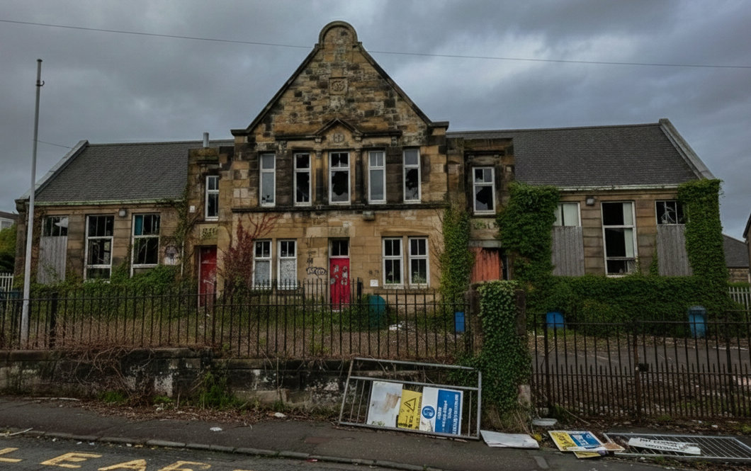 Artistic impression of a derelict Gartcosh Primary School